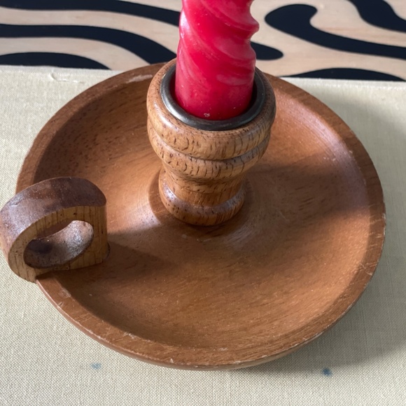 Vintage Wooden & Brass Candle Holder 5" & Twisted Red Candle 6" - Midcentury Mod - Picture 4 of 10